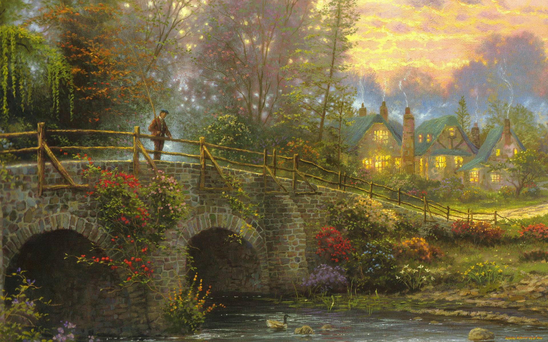 cobblestone, evening, , thomas, kinkade, , , 